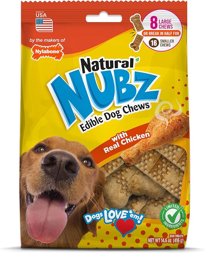 Nylabone Nubz Natural Dog Chews, Chicken Flavor Treats for Large Dogs, Long Lasting Dog Chew Bones Made in the USA, Rawhide Free, for Dogs Over 30 lbs. (8 Count)