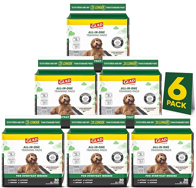 Glad for Pets Extra Large Charcoal Dog Training Pads, Absorbent Leak Proof Pee Pads for Dogs and Puppies, Odor Control Potty Pads with Activated Carbon, 28 x 30 Inches, 30 Count - 6 Pack