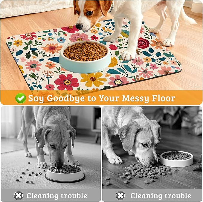 Colorful Flower Feeding Mat,Groovy Wildflowers Absorbent Quick-Dry Cat Dog Food and Water Bowl Mats,Non-Slip Rubber Backing Mat,Cat Dog Accessories Supplies 12" x 20"