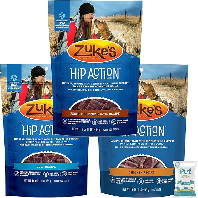 Pet Faves 3 Pack Zuke Hip Action Hip & Joint Support Treats for Dogs 3 Flavor: (1) Roasted Beef Recipe, (1) Fresh Peanut Butter Formula, and (1) Roasted Chicken Recipe (16oz Each) with 10ct Wipes