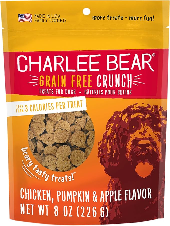 Charlee Bear Crunch Grain Free Dog Treats, Chicken, Pumpkin and Apple, 8 Ounce Resealable Bag, Low Calorie Training Treats for Dogs, Limited Ingredient, Healthy, Crunchy Dog Snacks, Made in USA