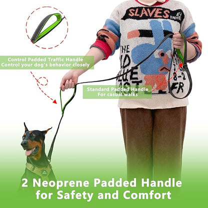 Dog Leash 6.5ft Long, Double Handle Dog Leash for Safety Control Training, Heavy Duty Dog Leads with Traffic Padded Handles, Reflective Leash for Small Medium Large Dogs(6.5ft, Black Green)
