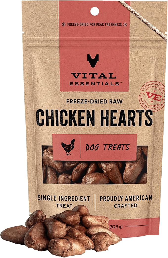 Vital Essentials Freeze Dried Raw Chicken Hearts Dog Treats | Single Ingredient | Premium Quality | Grain Free Treats for Dogs, 1.9 oz Bag