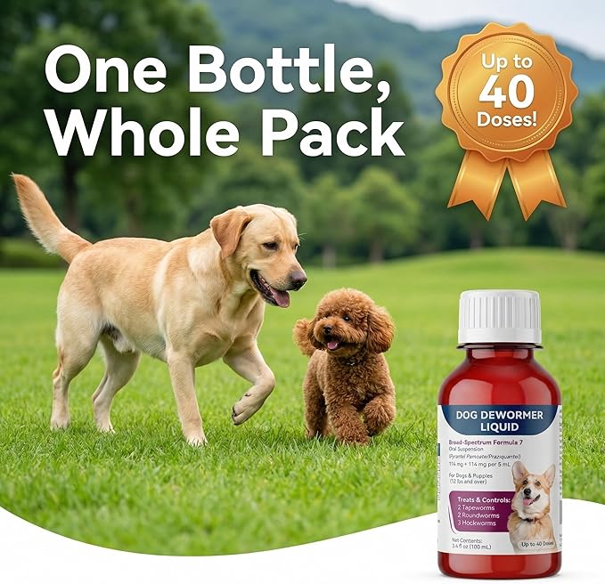 Liquid Dog Dewormer for Dogs & Puppies, Formula 7 Pyrantel Pamoate and Praziquantel, Removes Tapeworm, Roundworm & Hookworm, Broad Spectrum with 3ml Dosing Syringe (100ml)