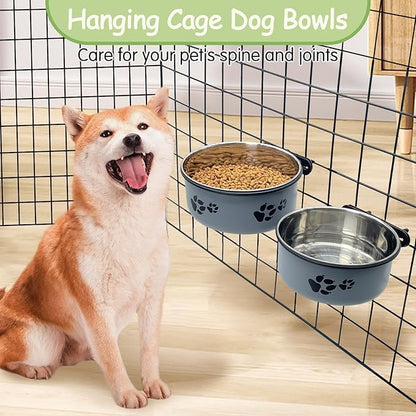 Kathson 2 Pcs Dog Kennel Crate Feeder, Stainless Steel No Spill, Hanging Metal Pet Food Bowl for Cats Small Medium Dogs (Gray)
