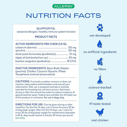 Native Pet Dog Allergy Chews - Dog Allergy Relief for Medium Breeds - Supports Seasonal Itch Relief, Healthy Immune Function & Reduces Sneezing - Colostrum, Spirulina, & Probiotics - 30 Days Supply