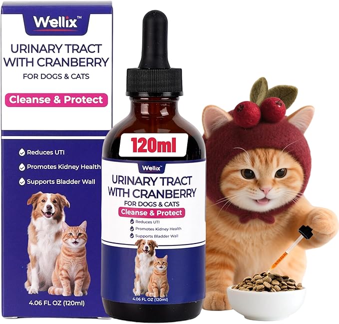 4oz Wellix Natural Cat & Dog UTI Treatment Drops,Cat & Dog Urinary Tract Infection Treatment - Cranberry & D-Mannose for Dogs & Cats - Kidney Health Supplement