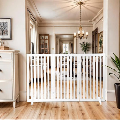 Dog Gate 60 x 36 Inch Freestanding Indoor Pet Door for House Doorways Stairs Halls, Foldable Wood Safety Fence 3 Panels, White