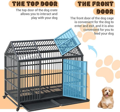 Heavy Duty Dog Crate, 52 Inches Large Metal Dog Kennel with Roof Top, 2 Door Pet Cage with Removable Tray and Wheels for High Anxiety Large Giant Breeds