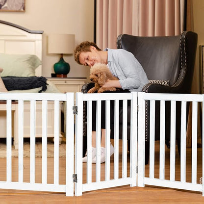 LZRS 3-Panel Wooden Free Standing Foldable Dog Gate Indoor – 24" High,Step-Over Safety Pet Gate for Doorways, Stairs, Hallways, Indoor Dog Barrier for Small to Medium Dogs & Puppies, White