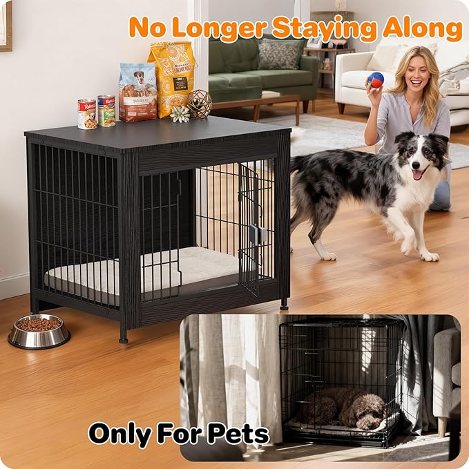 Dog Crate Furniture, Wooden Dog Crate 27in, Decorative Cage with End Table for Dog Indoor Kennel, High Anxiety Dog, Escape-Proof Locks for All Breeds