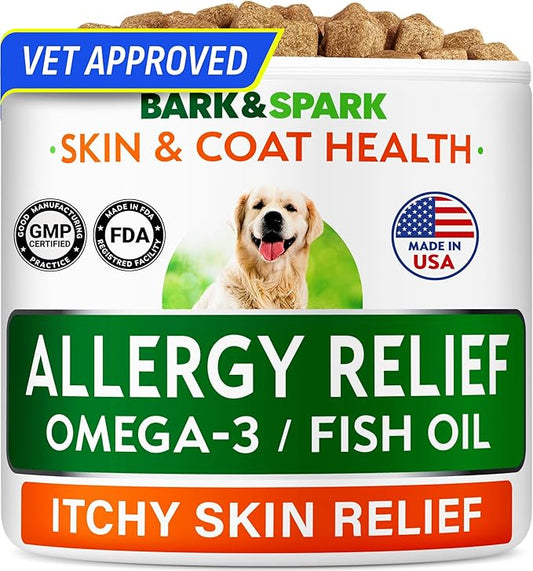 BARK&SPARK Dog Allergy Relief Soft Chews for Skin Health & Seasonal Allergies - Anti-Itch Supplement w/Omega-3, Quercetin & Bromelain Immune Treats for Dry Skin & Hot Spots - Chicken - 60ct