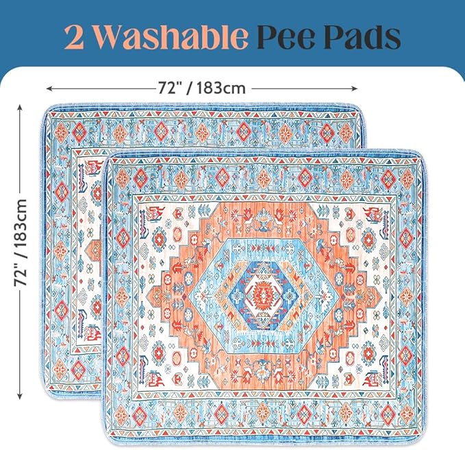 Washable Pee Pads for Dogs 2 Pack Reusable Puppy Training Pads 72"x72" Super Absorbent Waterproof Dog Training Pads, Non-Slip Potty Pads Whelping Pads Litter Mat Pet Supplies - Orange/Mix