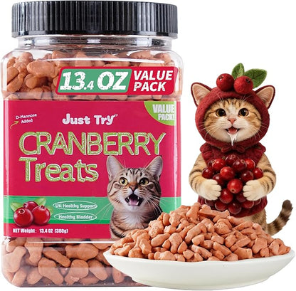 Just Try 13.4 OZ Urinary Tract Health Cat Treats for Indoor Cats, Cranberry & D-Mannose for Kidney Bladder and UT Support, Health Cat Supplement Crunchy Chews