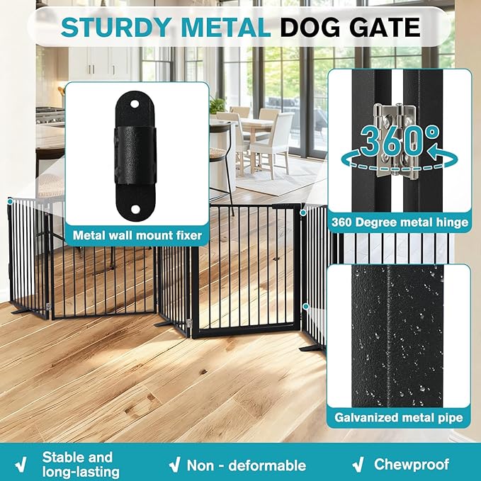 Snagle Paw Extra Wide Dog Gate,Free Standing Dog Fence with Door, Up to 156 Inch Wide Pet Gate with Support Feet for Stairs, Hallways, Doorways, Yard (Black, 6 Panels)