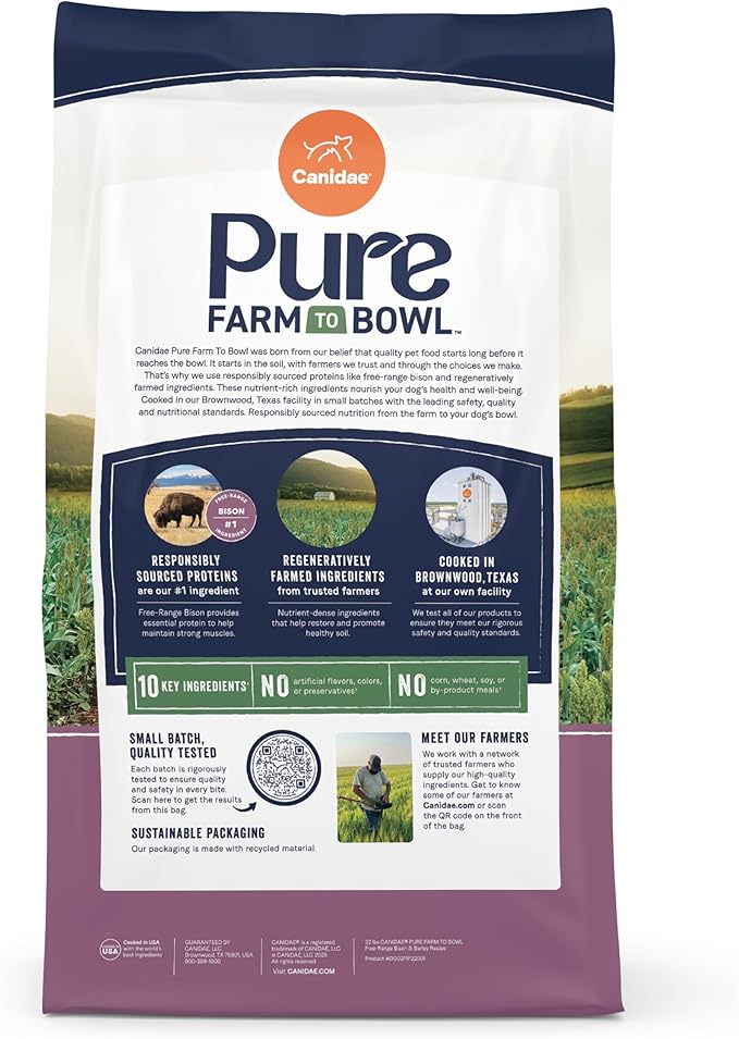 Canidae Pure Farm to Bowl Free-Range Bison & Barley Dog Food, Adult, 22lb