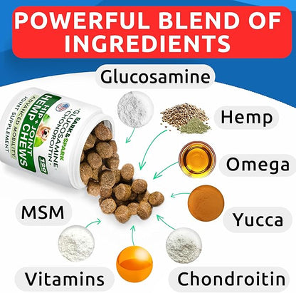 Hip&Joint Hemp Chews for Dogs - Max Strength Glucosamine Chondroitin for Dogs - Dog Joint Pain Relief Treats - Mobility & Flexibility Support - Advanced Joint Care - MSM - Made in USA (120Ct)