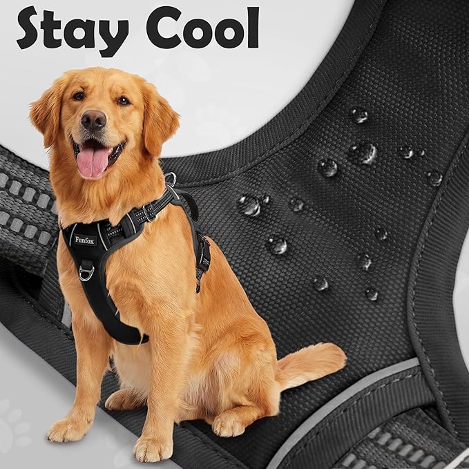 Funfox Dog Harness for X-Large Dog No Pull, Adjustable Pet Vest Harness, Vertical Handle Easy Control with 2 Leash Clips, Soft Material, Reflective Safe Night Walking for X-Large Size, Black, XL
