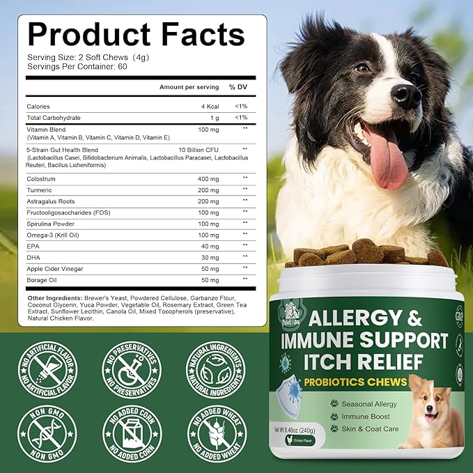 Probiotics for Dogs, Improve Itchy Skin Itchy Ears, Yeast Balance, Immune Support, Dog Probiotics (10 Billion CFU) for Dog Skin & Cost Care, Allergy Relief Chews + Vitamins Blend Chicken (120 Ct)