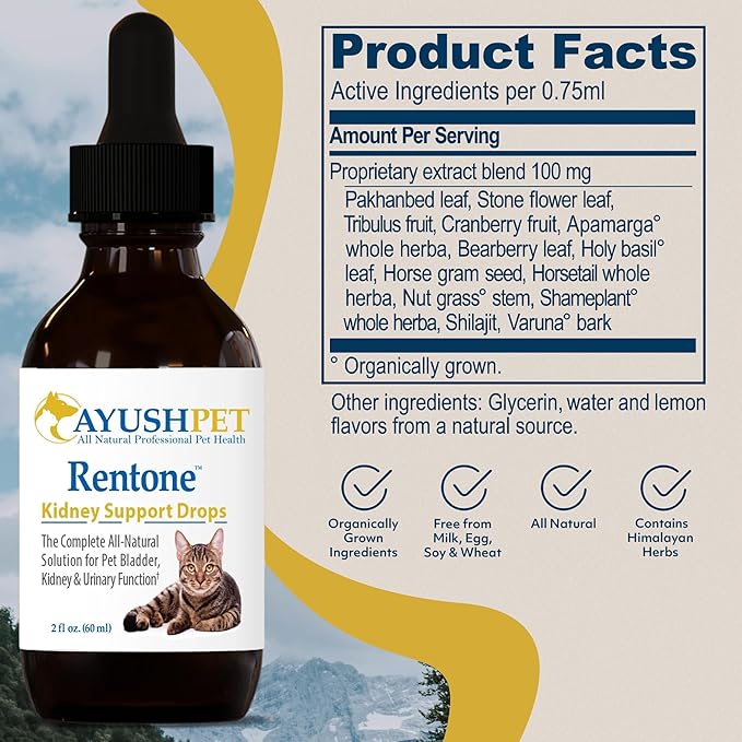 Ayush Pet Rentone - Kidney Support for Dogs & Cats, Liquid Drops for Urinary & Kidney Health, Urinary Health Supplement for Small or Large Pets, Natural Care - 2 fl oz
