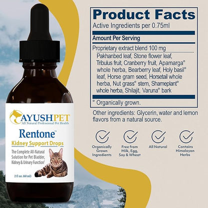 Ayush Pet Rentone - Kidney Support for Dogs & Cats, Liquid Drops for Urinary & Kidney Health, Urinary Health Supplement for Small or Large Pets, Natural Care - 2 fl oz
