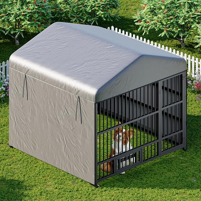 HOOBRO Outdoor Dog Kennel with Cover, 6.6 x 6.6 x 6.4 ft Dog Kennel Outside with Waterproof Roof and Rotating Feeding Bowls, Heavy-Duty Large Cage Enclosure, for Medium & Large Dogs, Black BK220GW03