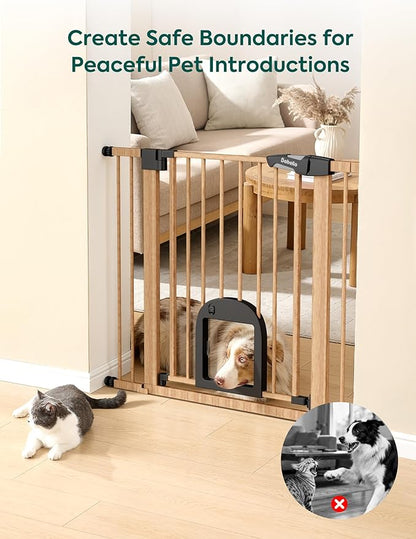 Babelio CatPrivilege Ⅲ Baby Gate with Cat Door, 29"-43" Adjustable Brown Wood Pattern Pet Door, 30" Tall Pressure Mounted Safety Gate for Stairs & Doorways, Auto Close,Wall Protectors Included