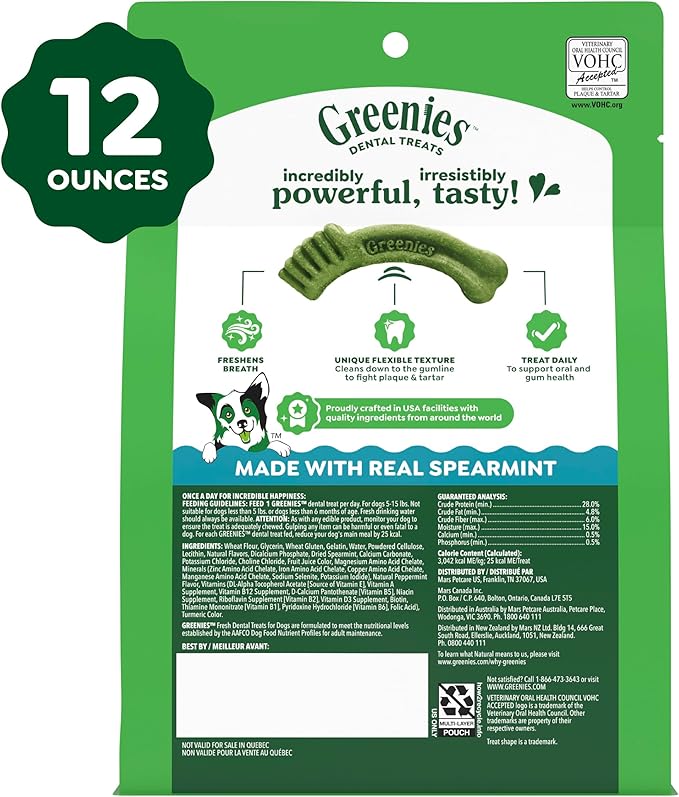 Greenies Dog Treats Veterinarian-Recommended Natural Dental Treats for Dogs, Teenie Size, Fresh Flavor, 12 oz. Pack, 43 Count