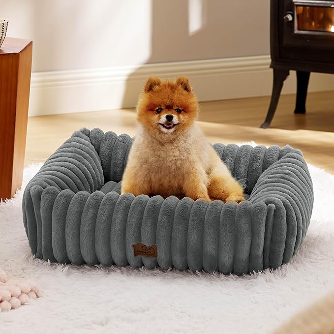 Bedsure ComfyFleece™ Cute Dog Bed for Small Medium Dogs - Washable Furry Puppy Beds, Rectangle Orthopedic Corduroy Fleece Pet Beds with Removable Zipper Cover, 25x21x7inches, Warm Grey