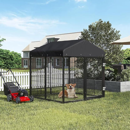 Petony Large Outdoor Dog Enclosure,Heavy Duty Dog Cage with Roof,Galvanized Steel Dog Kennel Fence with Double Safety Locks(4.2'L x 4'W x 4.5'H)