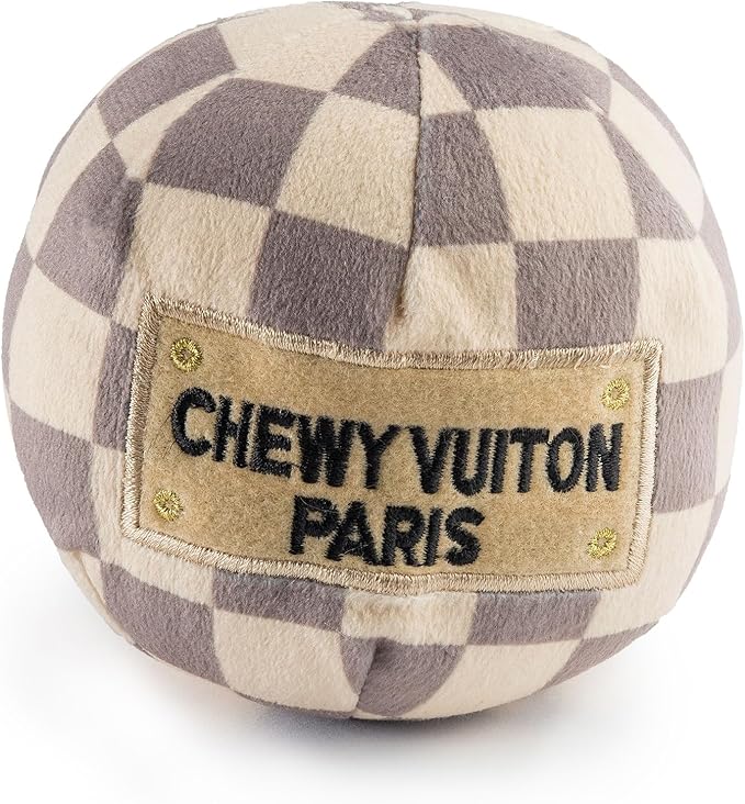 Haute Diggity Dog Chewy Vuiton Ball Plush Squeaky Dog Toy, Soft Durable Designer-Inspired Stuffed Puppy Chew Toys for Small & Medium Dogs, Machine-Washable (Tan Checker) Large