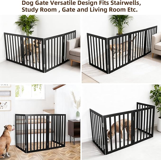 ZJSF Freestanding Indoor Dog Gate for House Foldable Wood Black Puppy Gate for Doorways Pet Gate for Stairs Extra Wide Pet Fence 24" Height 4 Panels