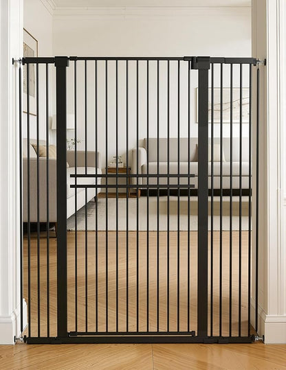 No Pawblems 55" Extra Tall Pet Gate for Cat/Dog, 31.5-48" Wide Auto Close Tall Cat Gate with 25.6" Wide Walk-Thru Door Opening, 1.37" Ultra Narrow Spacing, NO Drilling Pressure Mounted, Black