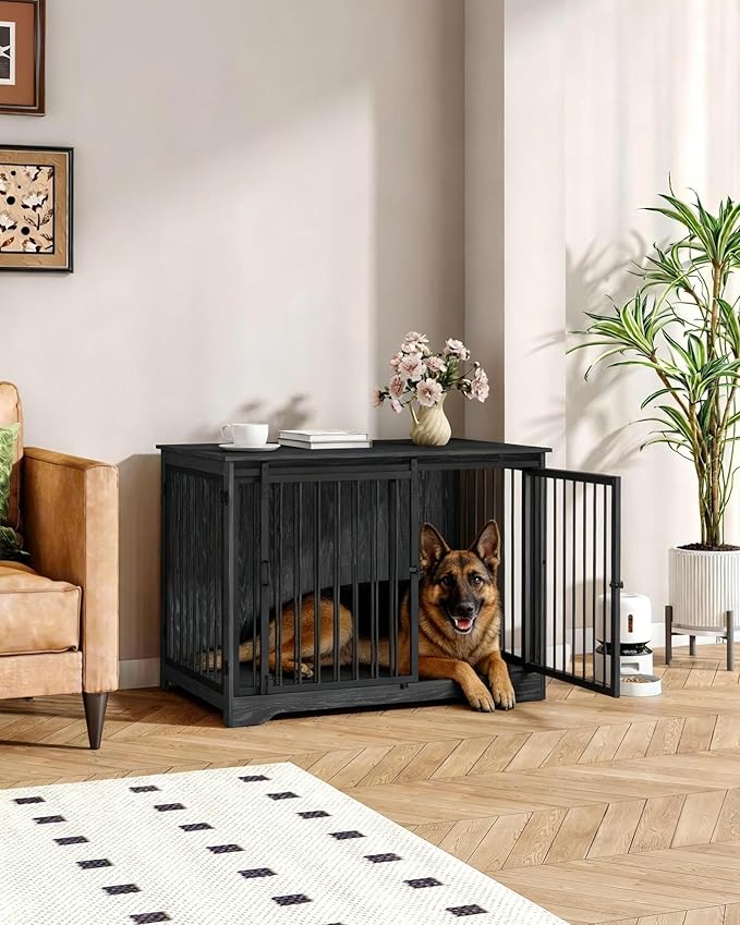 Hzuaneri 43.3" Dog Crate Furniture with Barn Door, Heavy Duty Dog Kennel Indoor with 2 Doors, Wooden Pet Cage End Table for Large Small Medium Dogs, Anti-Chew Anti-Escape, Black DFC92304B