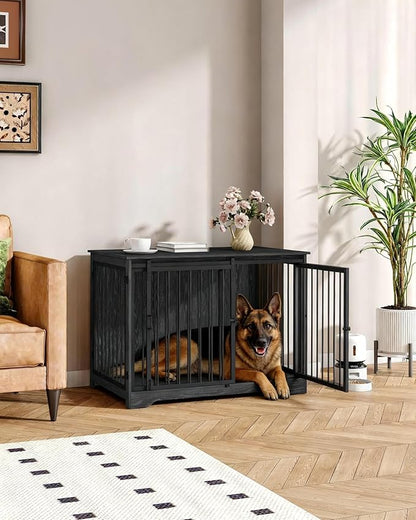 Hzuaneri 43.3" Dog Crate Furniture with Barn Door, Heavy Duty Dog Kennel Indoor with 2 Doors, Wooden Pet Cage End Table for Large Small Medium Dogs, Anti-Chew Anti-Escape, Black DFC92304B