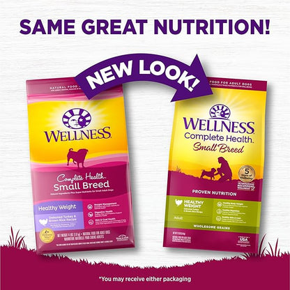 Wellness Complete Health Healthy Weight Small Breed Adult Dry Dog Food, Wholesome Grain Kibble, Natural, Turkey and Brown Rice Recipe, 12 lb Bag
