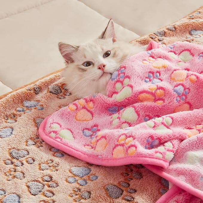 Luciphia 1 Pack 3 Blankets Super Soft Fluffy Premium Fleece Pet Blanket Flannel Throw for Dog Puppy Cat Paw Brown/Pink/White Medium(30x20 inch)