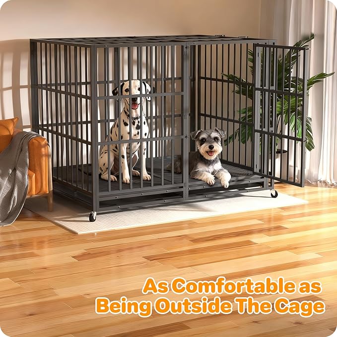 Hiwokk 60 Inch Heavy Duty Dog Crate, Indestructible Escape-Proof Dog Kennel for High Anxiety Large Dogs, Strong Metal Pet Cage with Double Doors, Lockable Wheels & Removable Tray, XL XXL XXXL