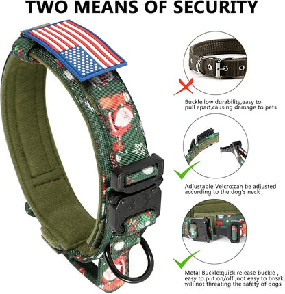 DAGANXI Christmas Tactical Dog Collar, Adjustable Military Training Nylon Dog Collar with Control Handle and Metal Buckle for Medium and Large Dogs, with Patches and Airtags Case (M, Christmas Green)