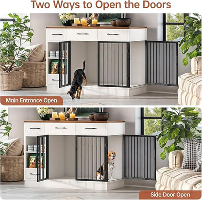 47.2" Dog Crate Furniture with Storage Drawers & Hidden Bowl, Wooden Indoor Kennel with Shelf & 2 Doors, Pet Cage for Small/Medium Dogs