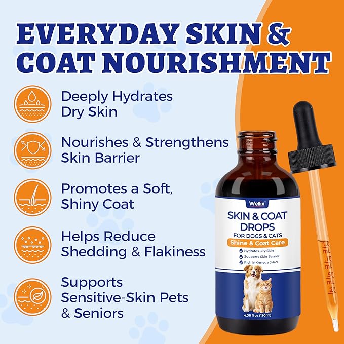 4 oz Skin&Coat Drops for Dogs&Cats - Liquid Supplement with Omega 369 Biotin-Dog Itch&Allergy Relief,Reduces Shedding,Dog Fish Oil,Coat Defense for Dogs&Cats,Chicken Flavor