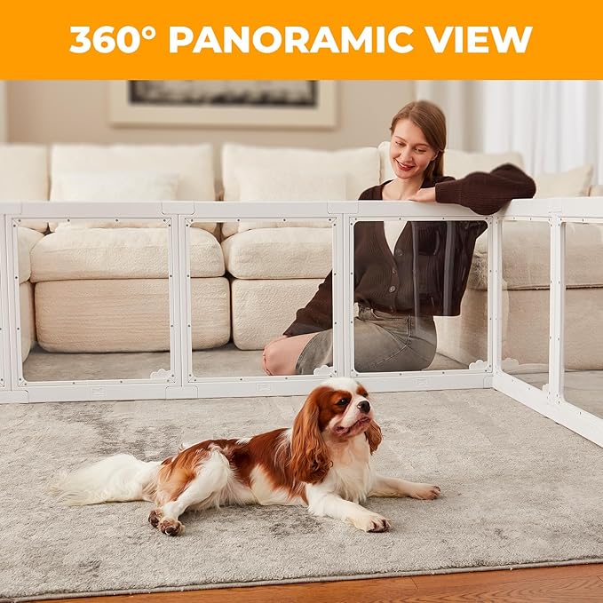 Acrylic Dog Playpen Indoor, Cloud Design Clear Dog Play Pen for Puppies and Small Dogs, Easy Assembly & Clean Puppy Pen (23.6", 16 Panels, White)