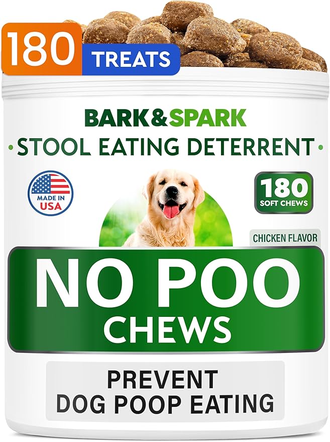 BARK&SPARK NO Poo Treats - Prevent Dog Poop Eating - Coprophagia Treatment - Stool Eating Deterrent - Probiotics & Enzymes - Digestive Health + Breath Aid - Made in USA - 180 Chews