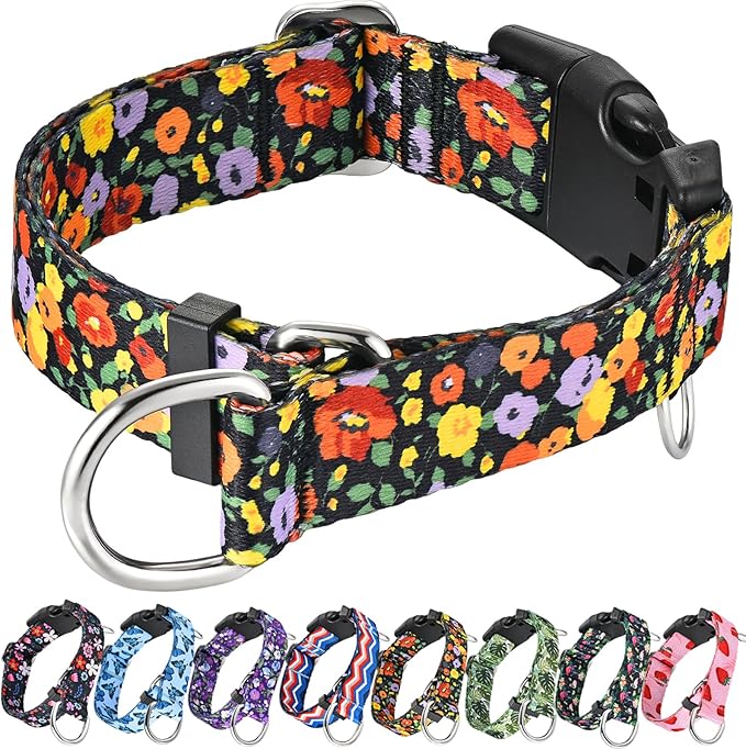 Martingale No Pull Collar with Buckle Adjustable Nylon Slip Collar for Dogs Training Walking (Orange Floral, Small)