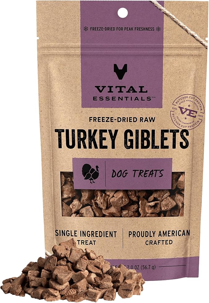 Vital Essentials Freeze Dried Dog Treats | Turkey Giblets, Single Ingredient | Premium Quality | Grain Free Training Treats for Dogs, 2 oz Bag