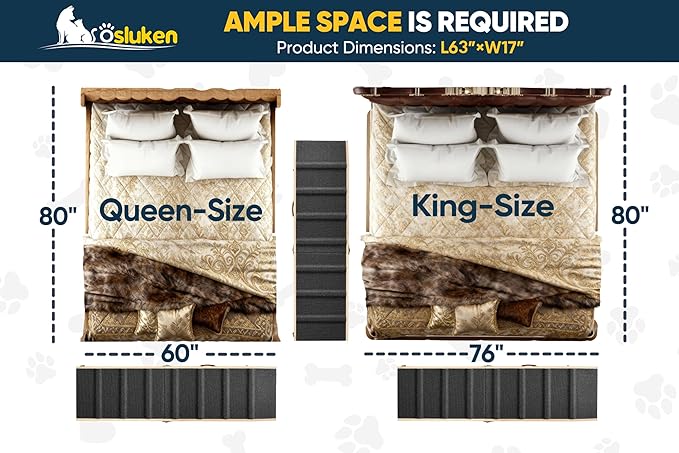 Dog Ramp for Bed with Rails, 64" Long Foldable Pet Ramp for Small Large Dogs, Dog Ramps for High Beds with Safety Side Railng, 6 Adjustable Heights 24" to 30" Up to 220LBS (Black, 63" X 17inch)