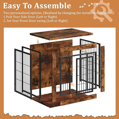 Greesum Modern Dog Crate Furniture That Doubles as a Side Table - Sturdy Wooden Kennel with Double Door Design, Equipped with Soft Cushion & Chew-Resistant Resign, Suitable for Dogs