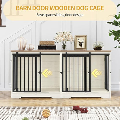 Hzuaneri 54" Dog Crate Furniture for 2 Dogs, Double Dog Cage with Divider, Wooden Heavy Duty Dogs Kennel, Pet Cage with Barn Door, TV Stand for Large Small Medium Pet, White Brown DFC88314B