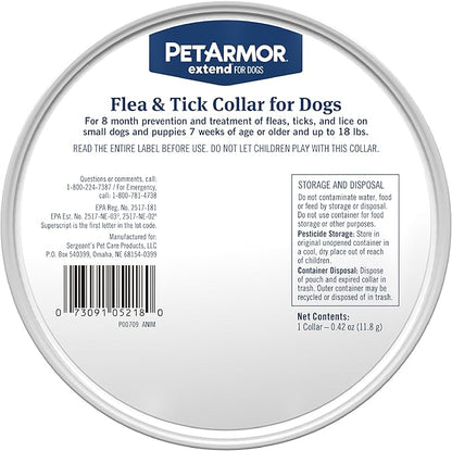 PetArmor Extend Dog Flea and Tick Treatment & Prevention Collar for Small Dogs up to 18 lbs., 8 Months of Protection, Odorless & Non-Greasy, Waterproof, Kills Fleas, Ticks, and Larvae, 1 Count