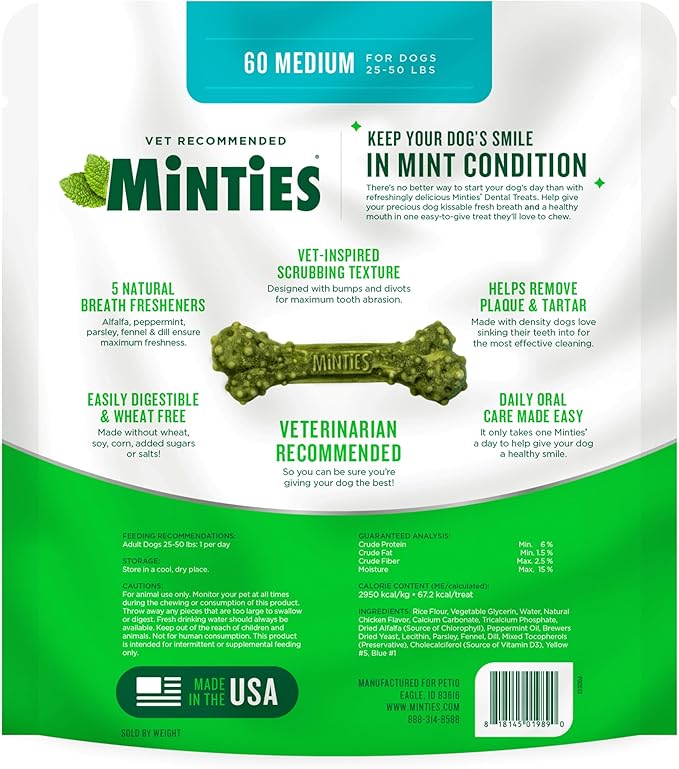 Minties Dog Dental Bone Treats, Dental Chews for Dogs 25-50 lbs, 60 Count, Brushing Chews Helps Clean Teeth and Freshen Bad Breath, Removes Plaque and Tartar, Veterinarian Recommended